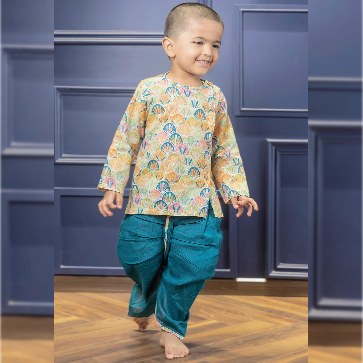 Polka Tots Full Sleeves Floral Print Angrakha with Dhoti - Blue