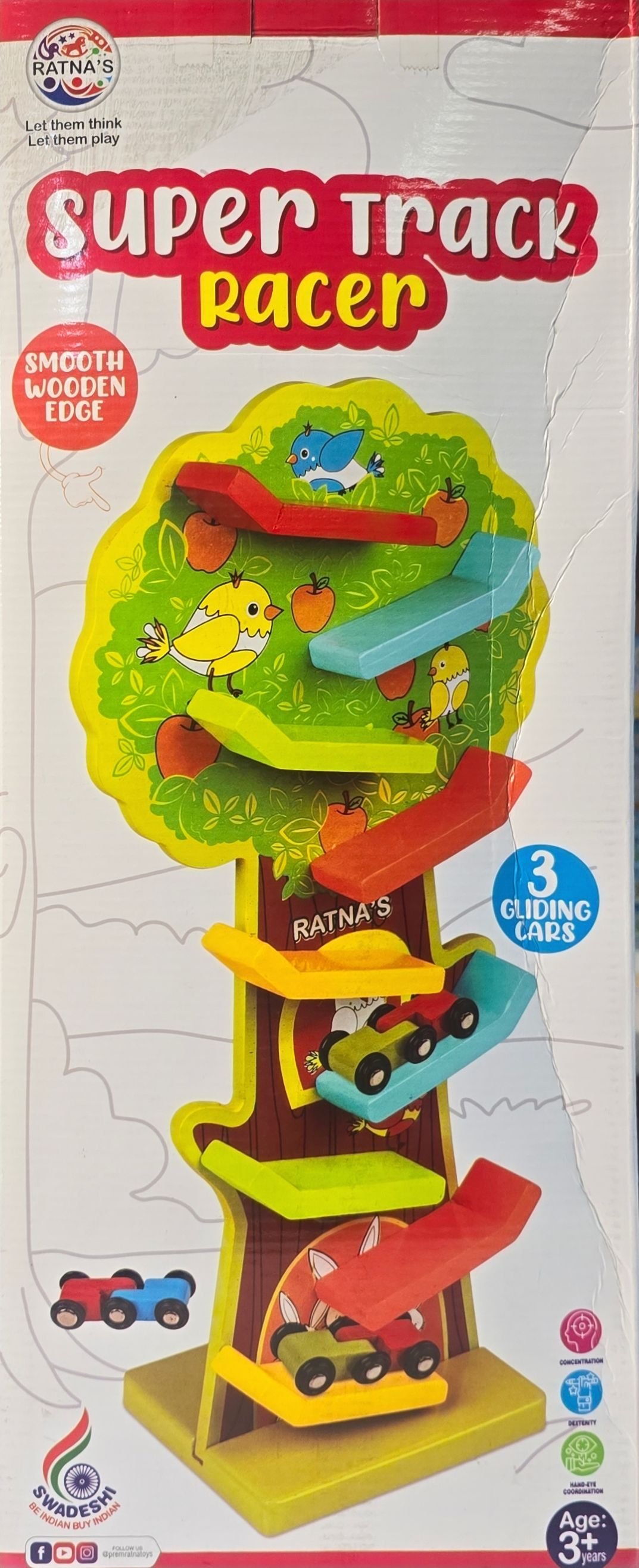 Super Track Racer Wooden 9 Level Ramp Race with 3 Gliding Cars Vehicle Playsets Gift for Kids