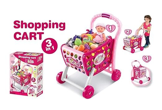 3 in1 Kids Supermarket Shopping Cart Hand Induction with Light & Sound Pretend Play Toy for Kid with Fruits and Vegetable-Plastic, Pink (Pack of 29 Pcs)
