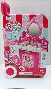Cosmetic and Makeup Toy for Girls Beauty Kit with Foldable Trolly Bag for Girls & Kids with Light Mirror | Beauty Set for Girls (3 in 1 Beauty Trolley)
