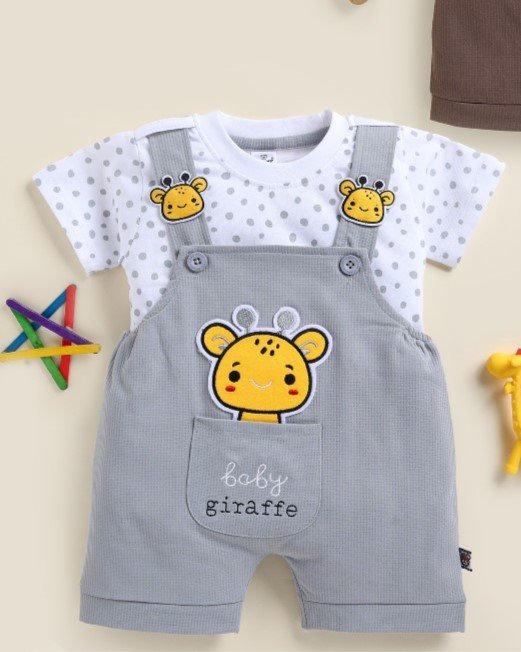 Soft Knitted Cotton Kids Dungaree – Trendy Outfit-GREY GIRAFFE