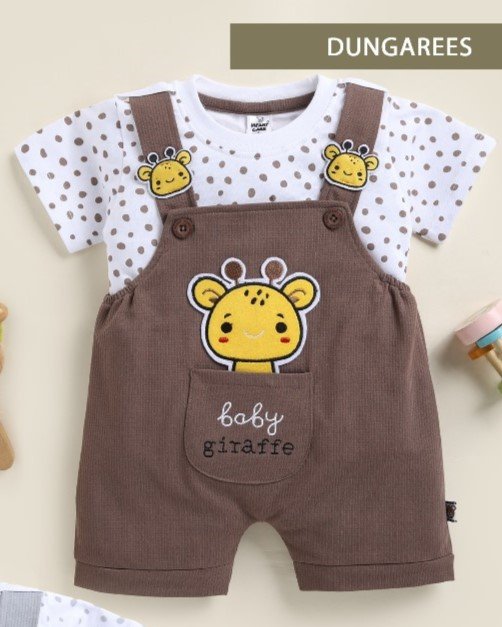 Soft Knitted Cotton Kids Dungaree – Trendy Outfit-BROWN GIRAFFE