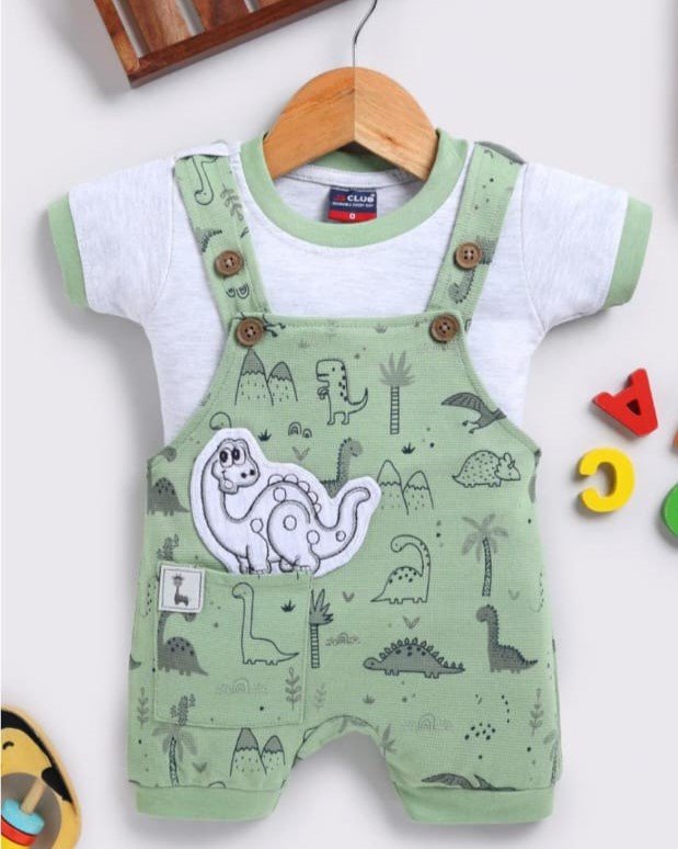 Soft Knitted Cotton Kids Dungaree – Trendy Outfit-GREEN DINO