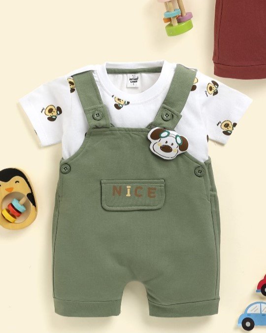 Soft Knitted Cotton Kids Dungaree – Trendy Outfit-GREEN DOGGY