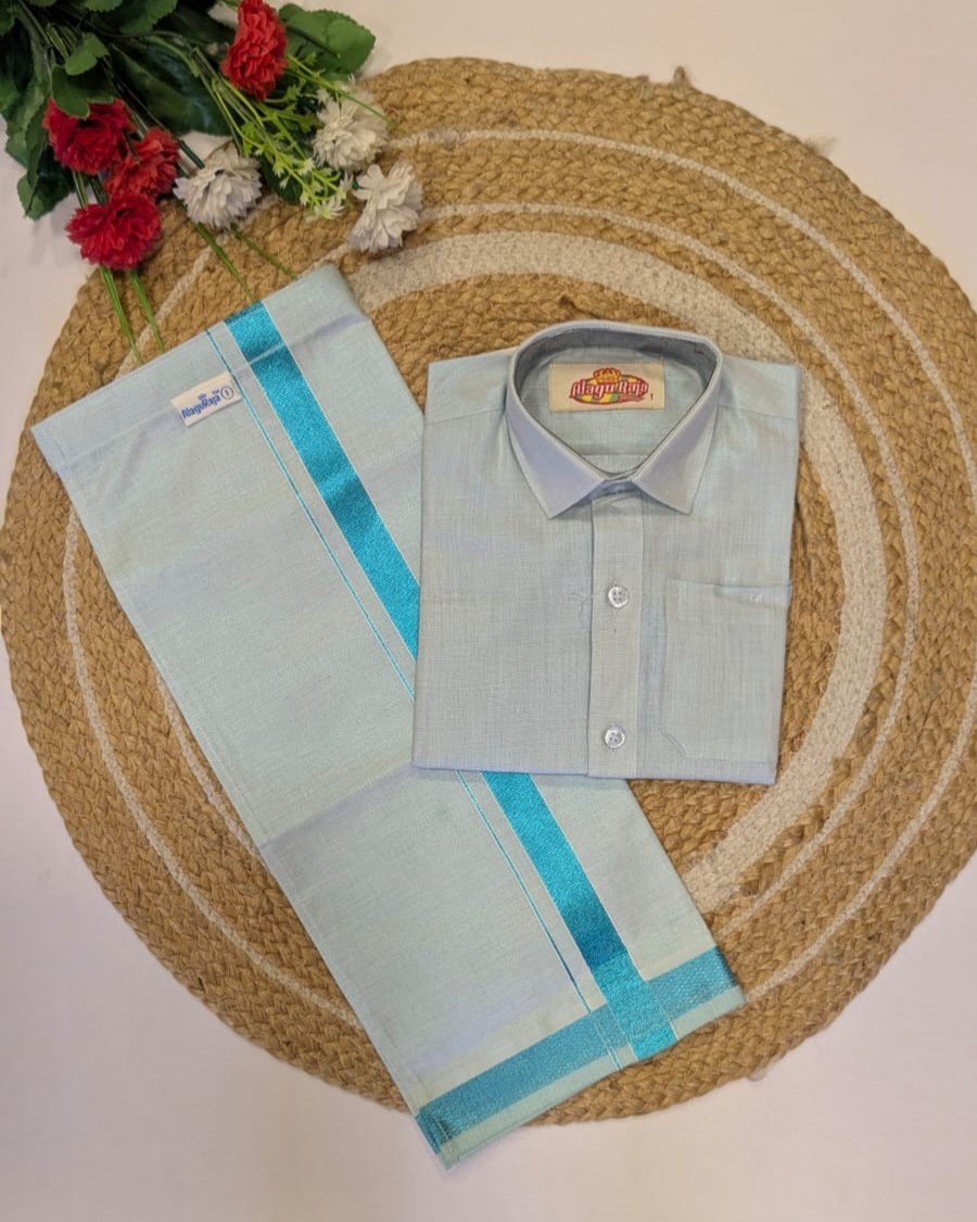 Boys Traditional Readymade Special Half Sleeve Shirt with Matching Zari Border Dhoti Sets.