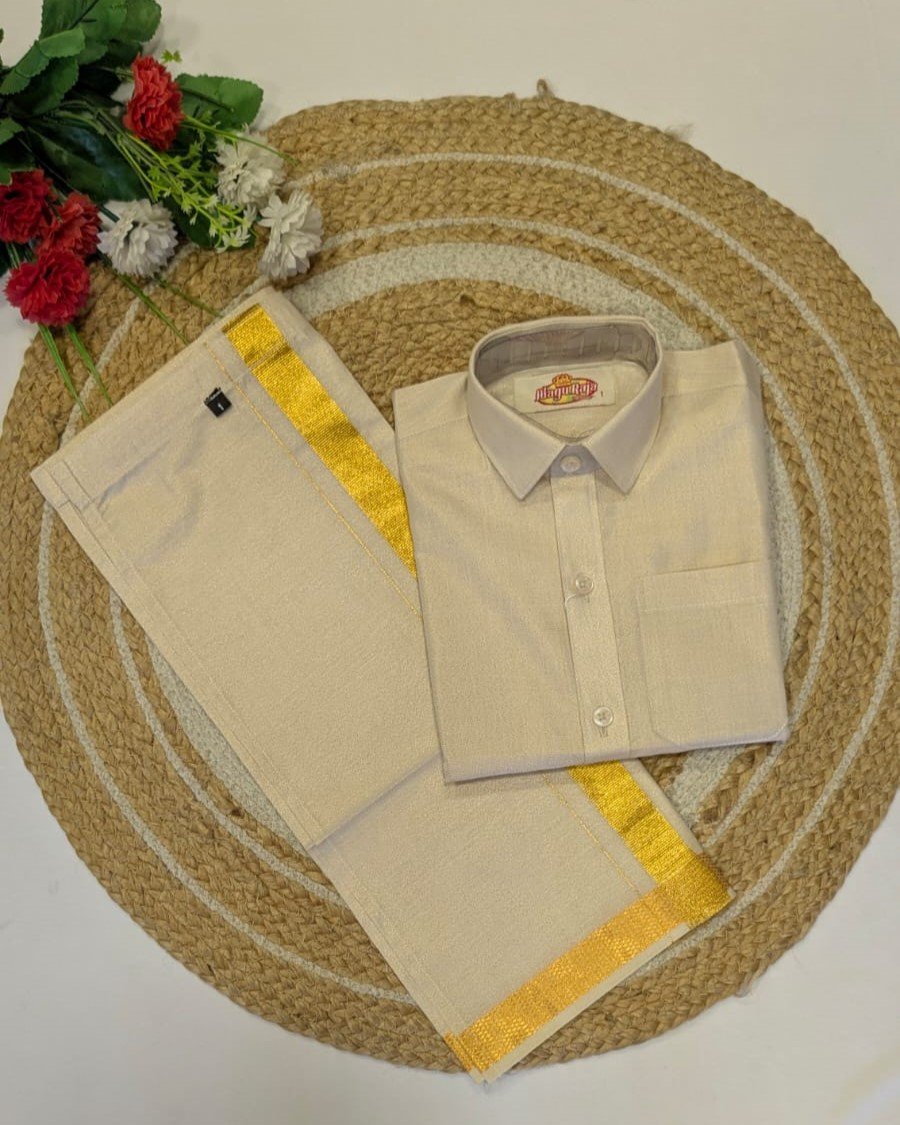 Boys Traditional Readymade Special Half Sleeve Shirt with Matching Zari Border Dhoti Sets.