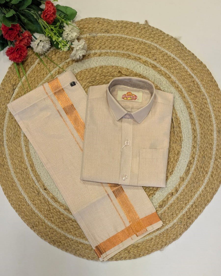 Boys Traditional Readymade Special Half Sleeve Shirt with Matching Zari Border Dhoti Sets.