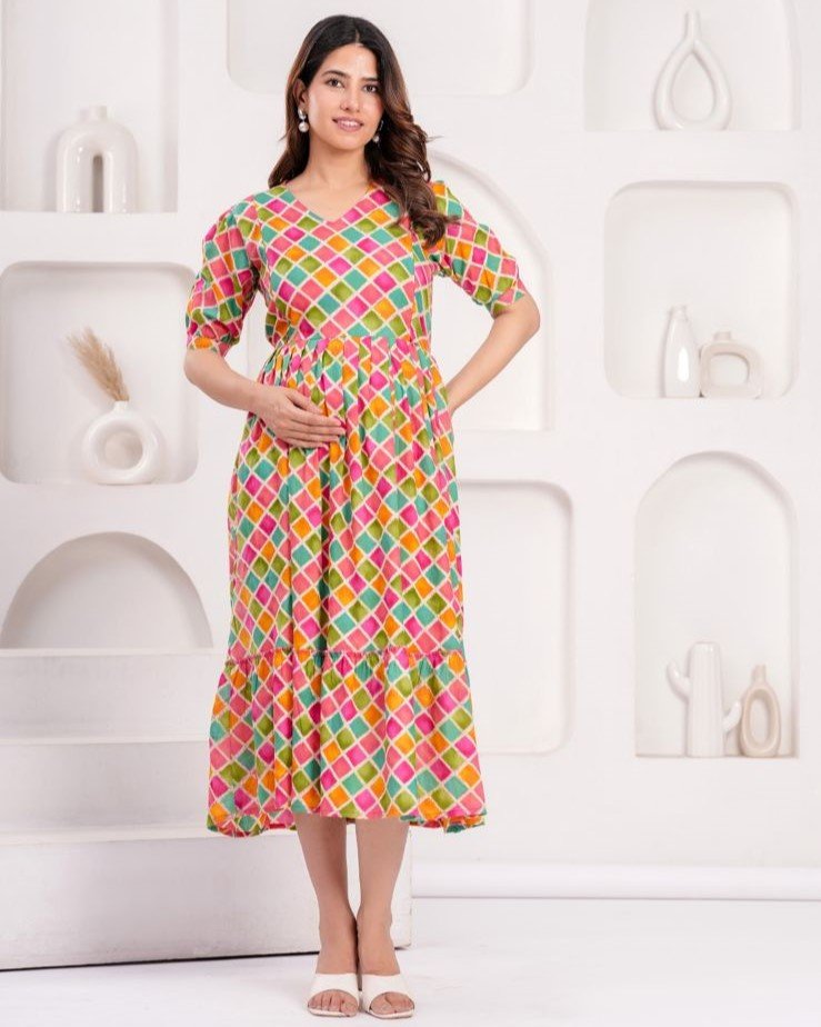 Pure Cotton Feeding Top Maxi Dress for New Mom | Zip Nursing-Multi checked print