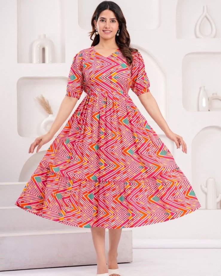 Pure Cotton Feeding Top Maxi Dress for New Mom | Zip Nursing-Multi Strips
