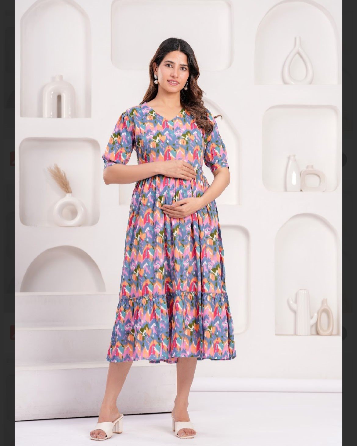 Pure Cotton Feeding Top Maxi Dress for New Mom | Zip Nursing-Mixed(blue green pink) Prints