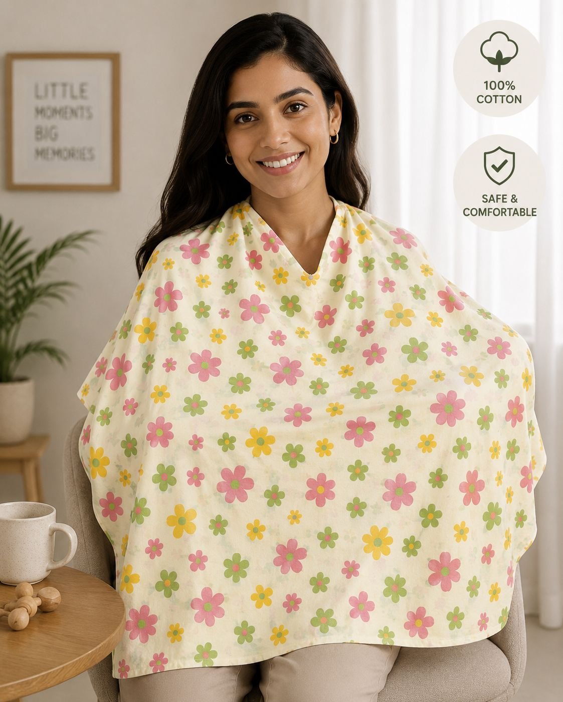 Organic Cotton Feeding Apron with Adjustable Neck Strap- Yellow Multi Florals