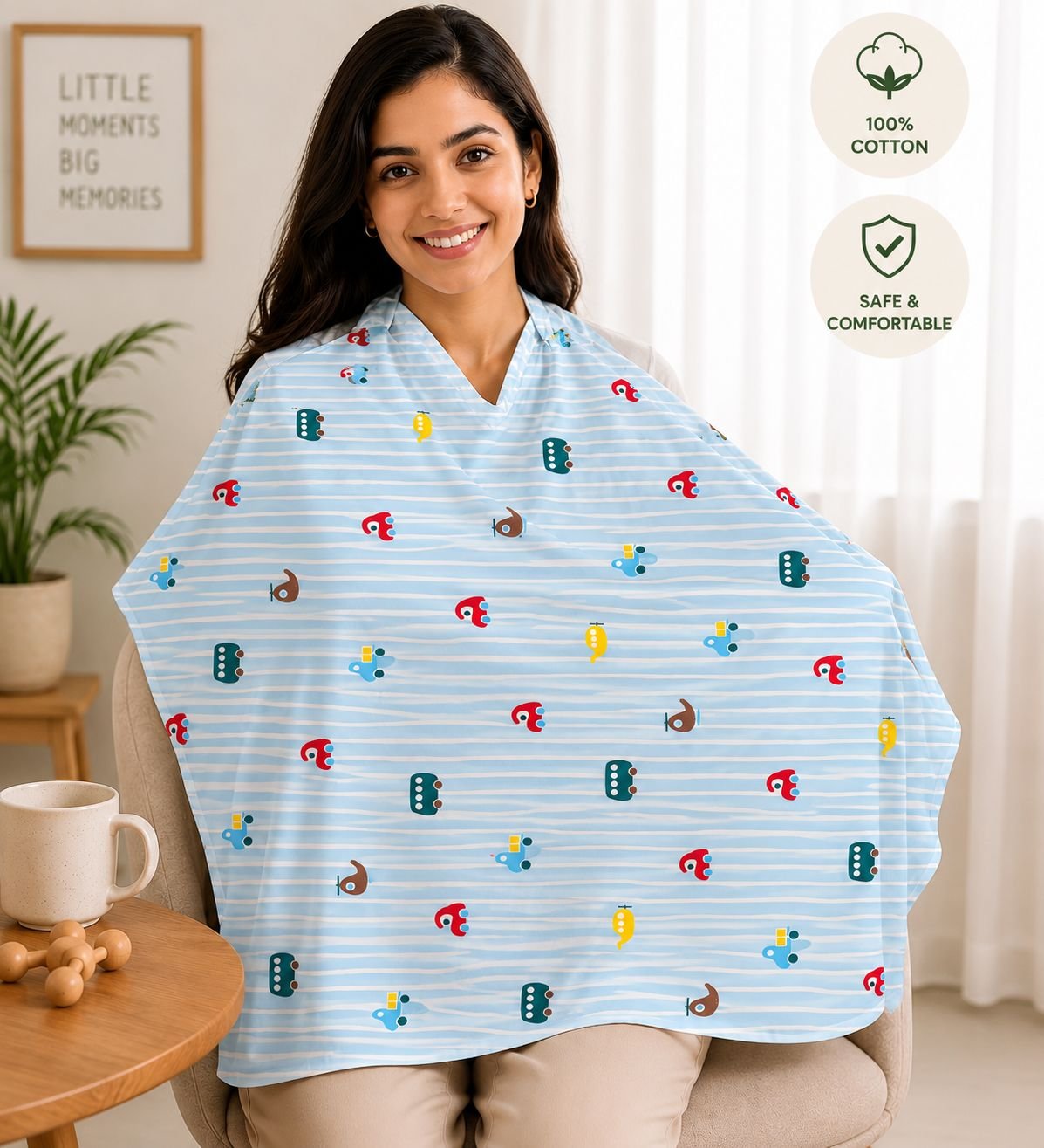 organic cotton feeding apron with adjustable neck strap-Blue Vehicle