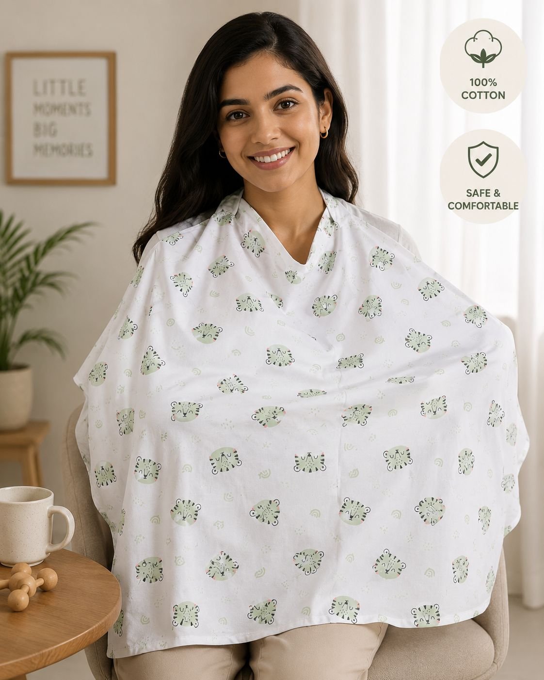 organic cotton feeding apron with adjustable neck strap-Green cats