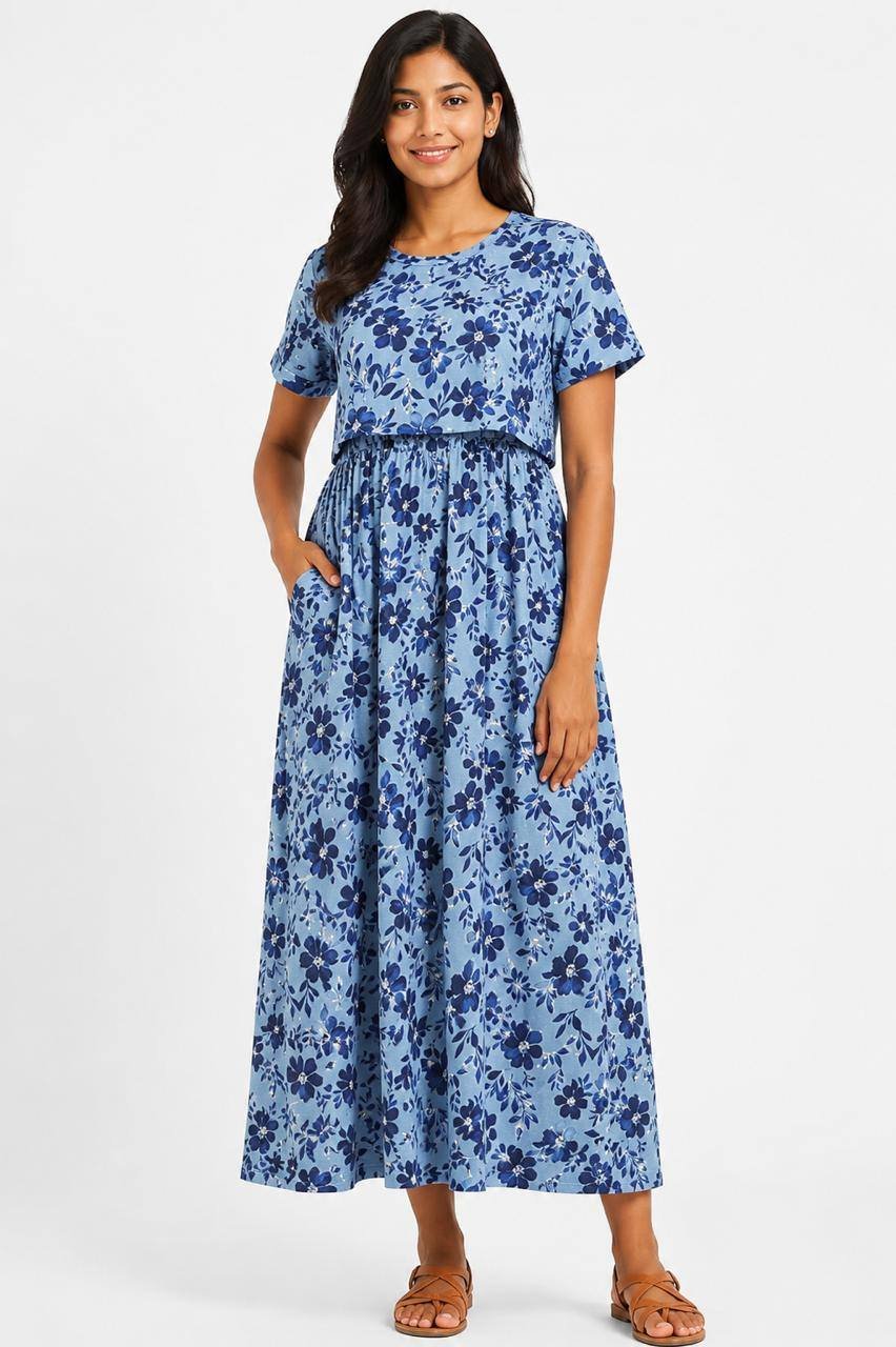165-175 gsmpremium quality pure knitted cotton feeding lounge wear zipless type-Blue with navy Florals