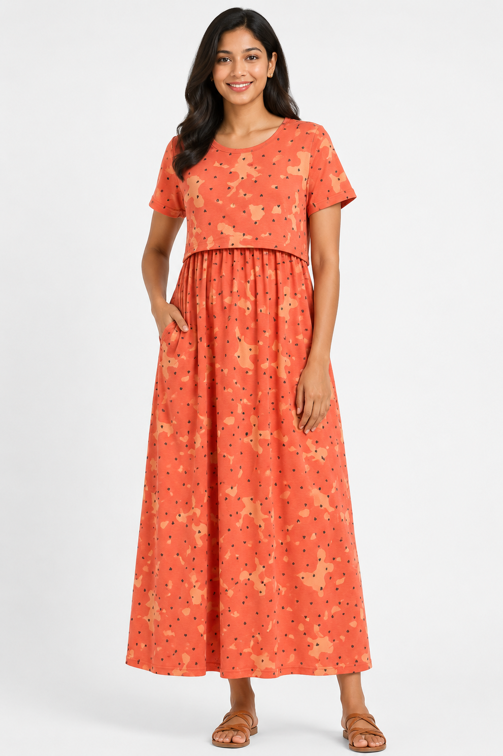 165-175 gsmpremium quality pure knitted cotton feeding lounge wear zipless type-Orange with Little Hearts