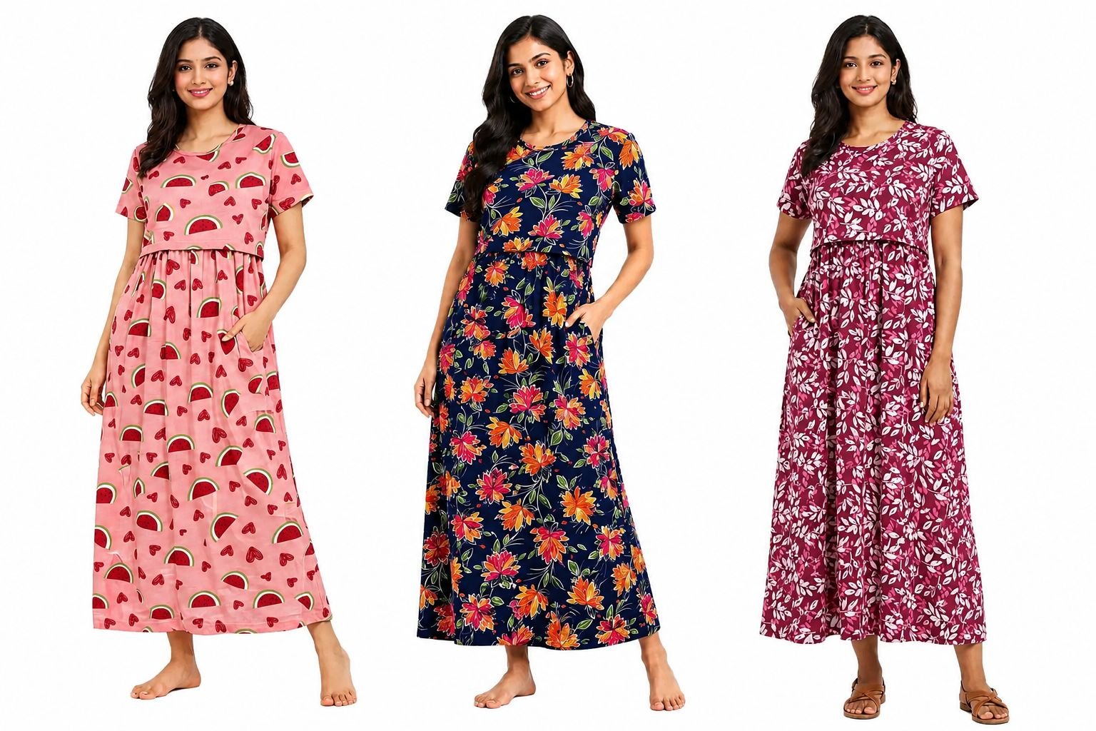 (Pack of 3)165-175 Gsm premium quality pure knitted cotton feeding lounge wear zipless type-Assorted Prints