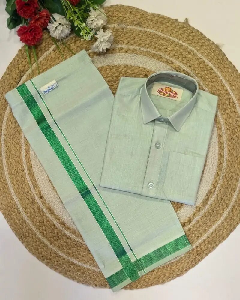 Boys Traditional Readymade Special Half Sleeve Shirt with Matching Zari Border Dhoti Sets.