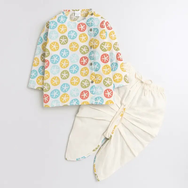 Polka Tots Full Sleeve Multi Color Star Print Angrakha Kurta With Piping Dhoti - Cream