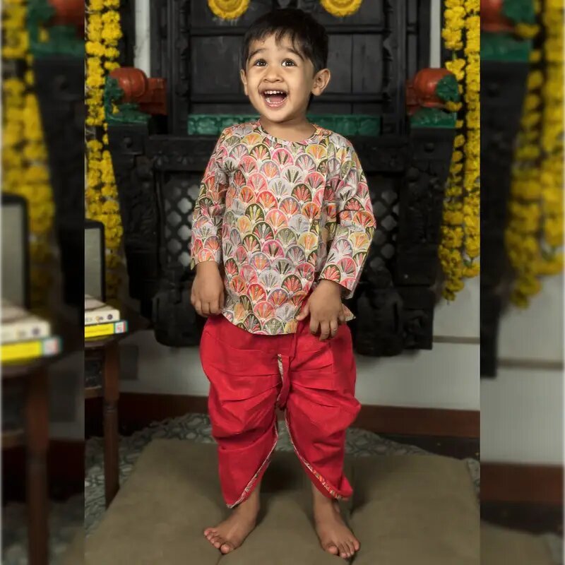 Polka Tots Full Sleeves Floral Print Angrakha with Dhoti - Red