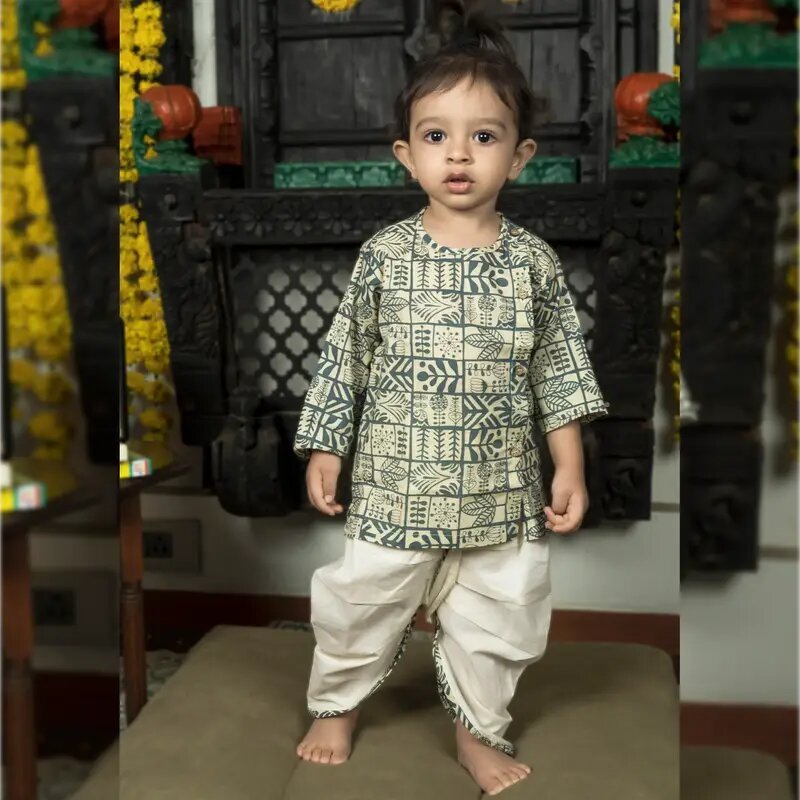 Polka Tots 100% Super Soft Cotton Full Sleeve Geometric Print Angrakha Top With Dhoti - Cream & Grey