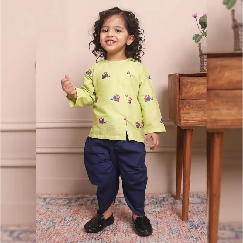 Polka Tots Full Sleeve Elephant Embroidery Angrakha Top With Dhoti - Green and Navy Blue