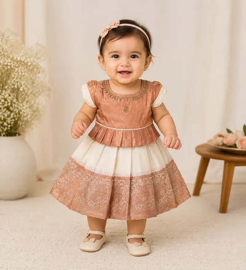 Girls Peplum Pattu Pavadai Frock | Traditional Party Wear Dress-Copper with white