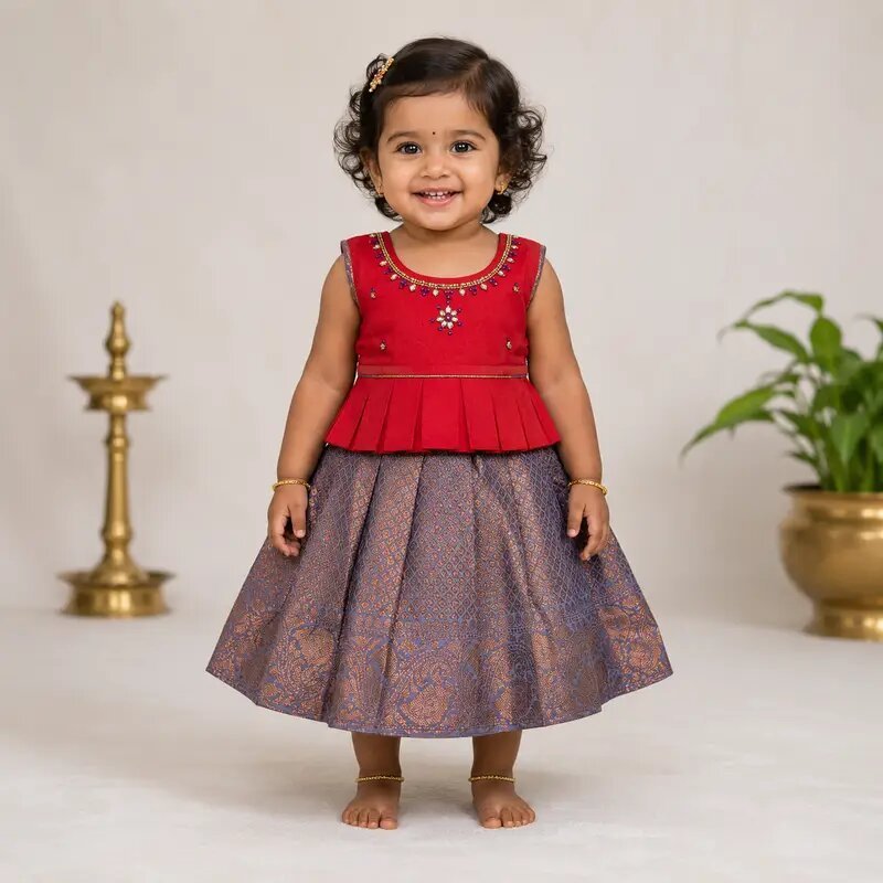 Girls Peplum Pattu Pavadai Frock | Traditional Party Wear Dress-Red with Purple