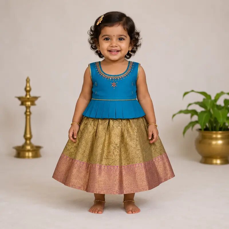 Girls Peplum Pattu Pavadai Frock | Traditional Party Wear Dress-Blue with Gold