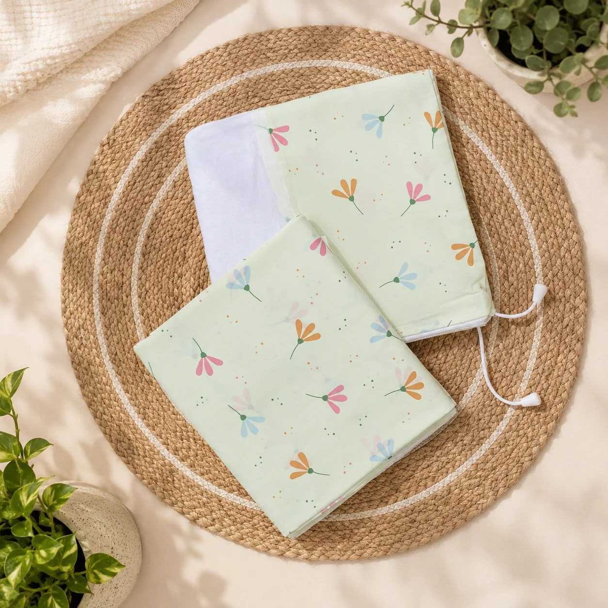 Organic Cotton Thottil/Jhula/Jhoola Cloth Cradle for 0-2 Years, Cradle for Baby with Musquito Net - Zip Type, Hanging Cradle - 3.6 Meters-Green Florals code:NBE