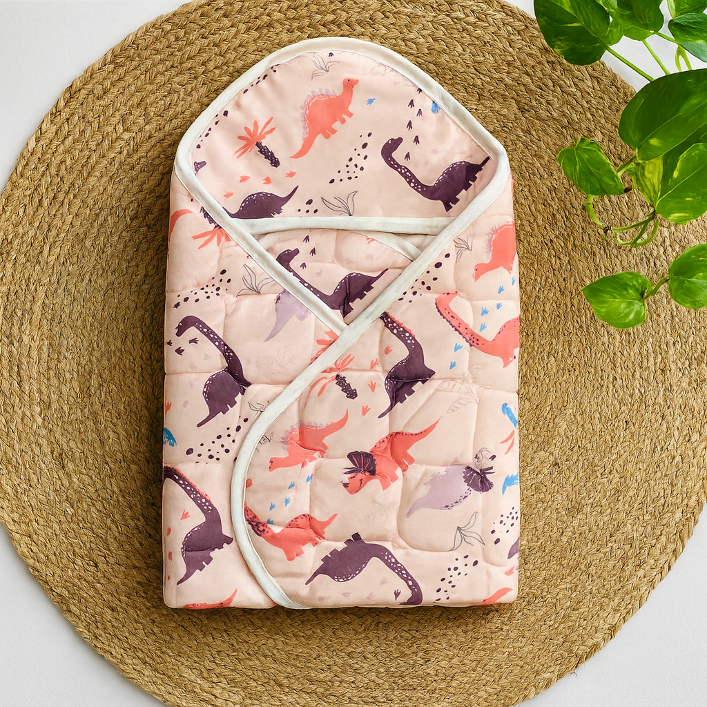 premium soft baby printed wrapper with one small size dry sheet free- Pink Dino code:nbe-knitted cotton