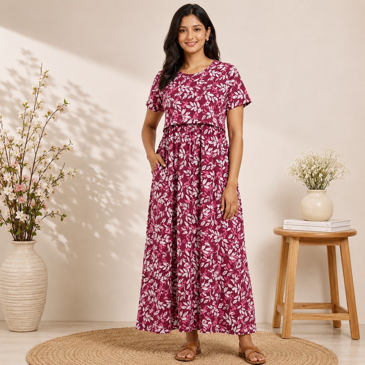 165-175 gsmpremium quality pure knitted cotton feeding lounge wear zipless type-Maroon with white leaf