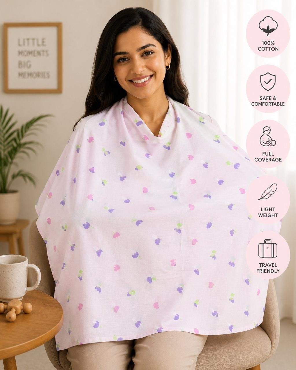 Organic cotton feeding apron with adjustable neck strap-Pink with Florals