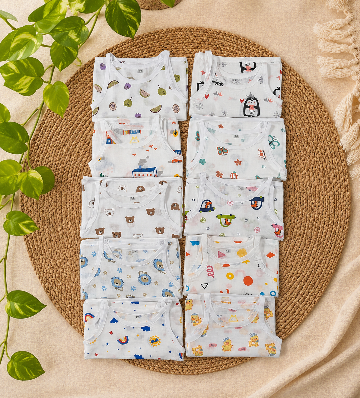 Muslin Top Knot Jabla Combo Pack of 10 Pcs (NB-9-12M) – Cute Assorted Prints code:NBE