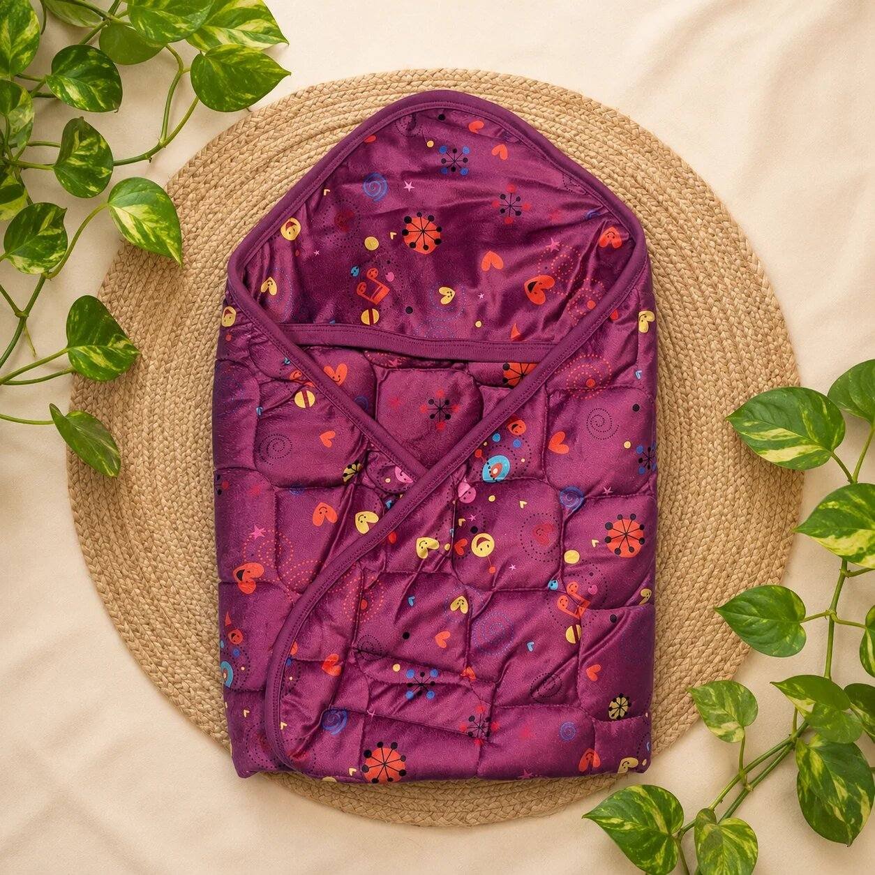 Premium Baby Hooded Wrapper Velour Material with Free Dry Sheet -Wine Multi Prints