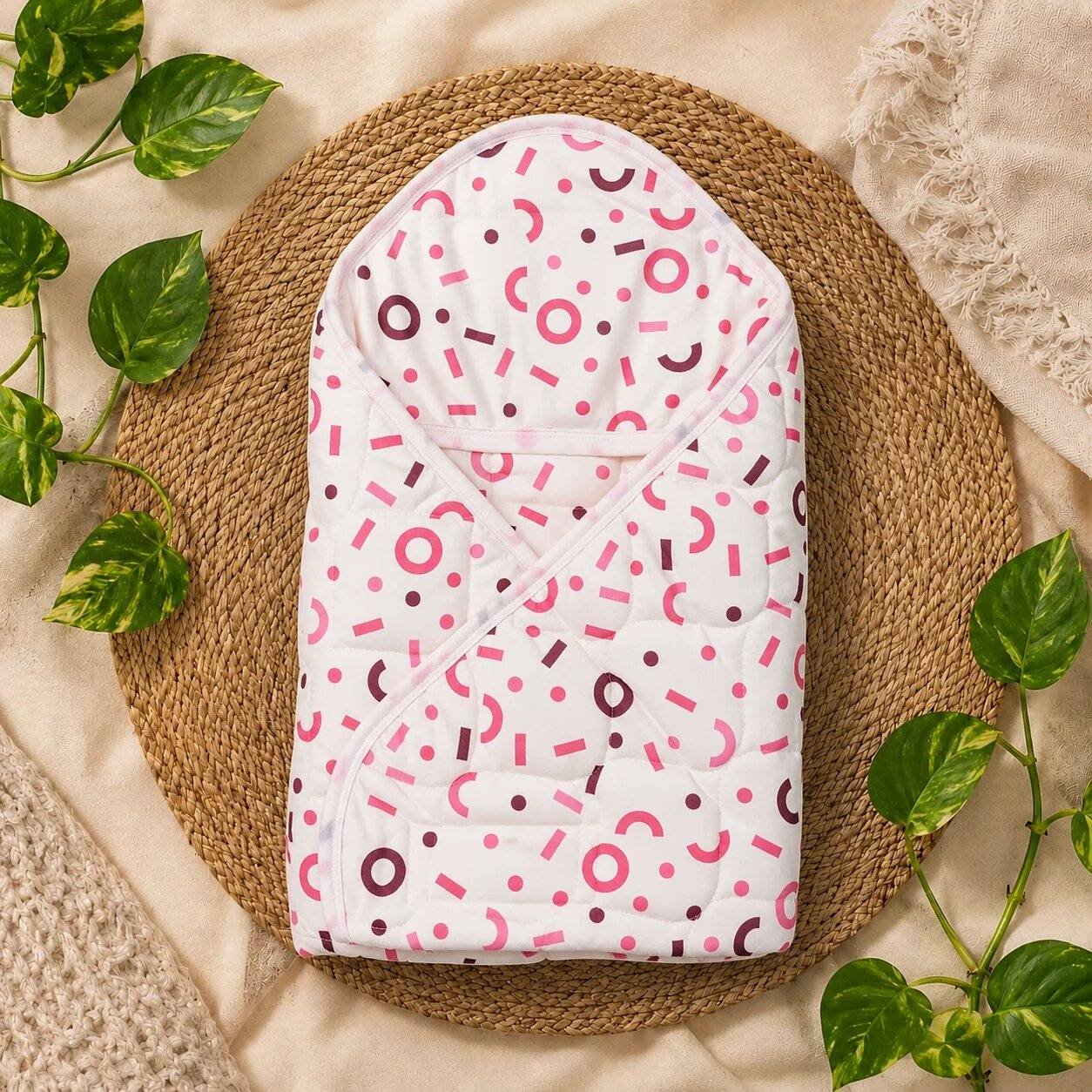 Premium Baby Hooded Wrapper Velour Material with Free Dry Sheet -Pink Multi Prints Code:NBE