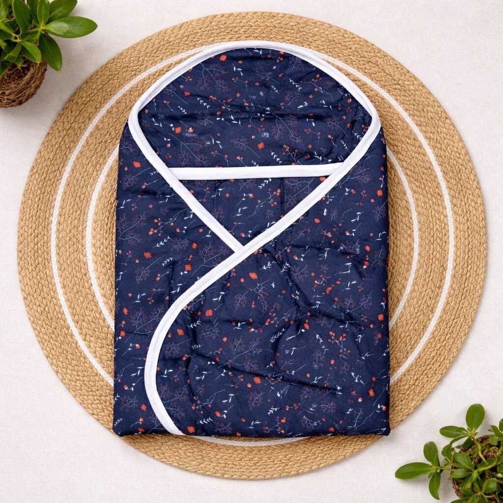 Premium Soft Baby Printed Wrapper with One Small Size Dry Sheet Free- Nevy Blue code:NBE-Knitted Cotton