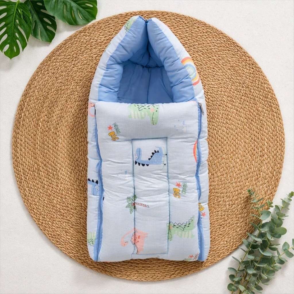 Pure Muslin Cotton Newborn Carry Bed – Soft Baby Carry Nest - Blue Dino CODE:NBE