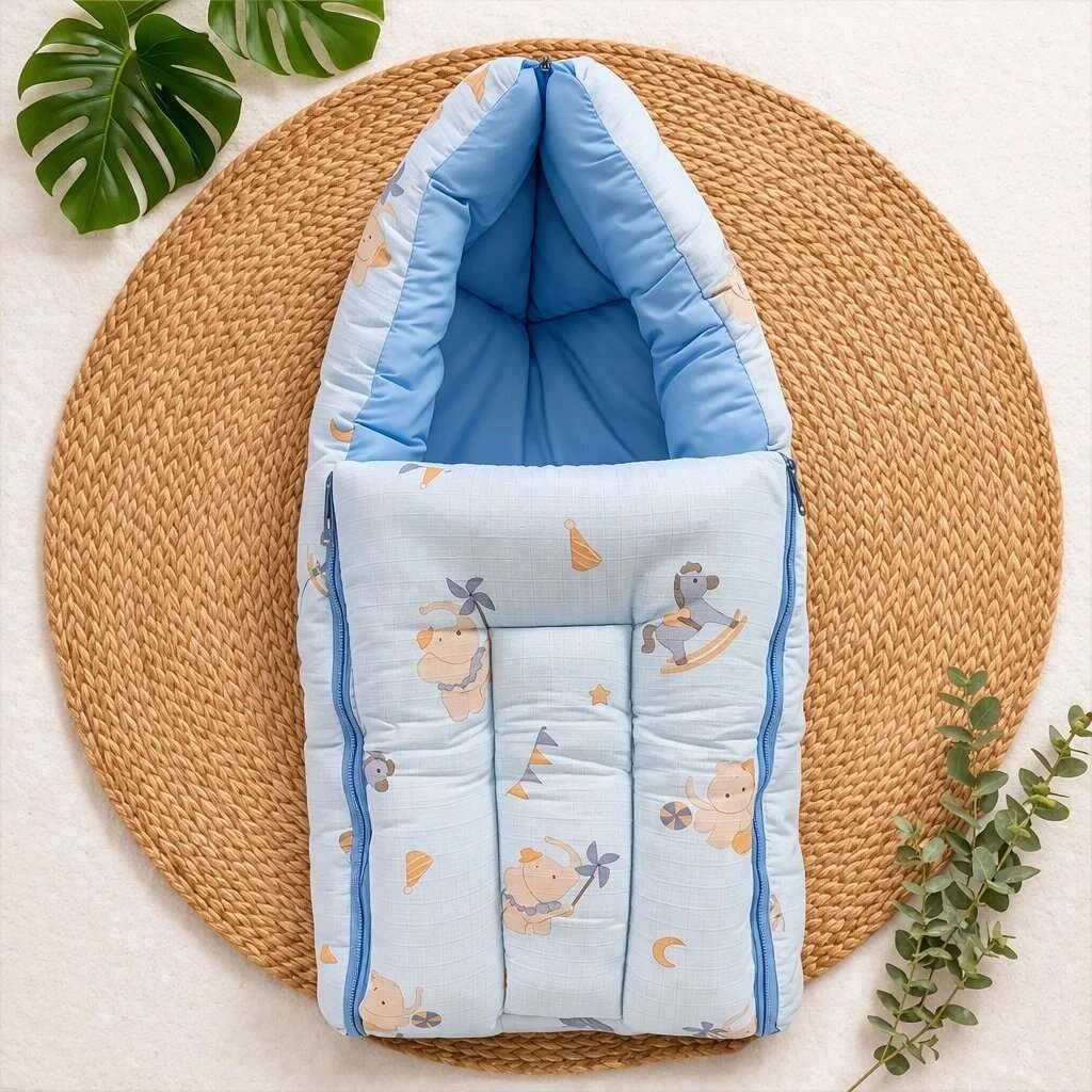 Pure Muslin Cotton Newborn Carry Bed – Soft Baby Carry Nest - Blue AnimalsCODE:NBE