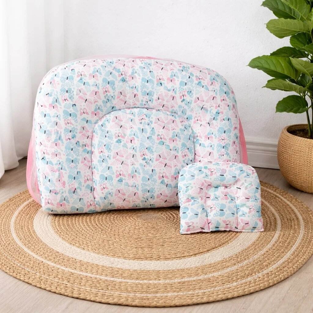 Large Muslin Net Bed for Babies | Soft Cotton Baby Bedding with Mosquito Net-BLUE &PINK BUTTERFLY  Code:NBE