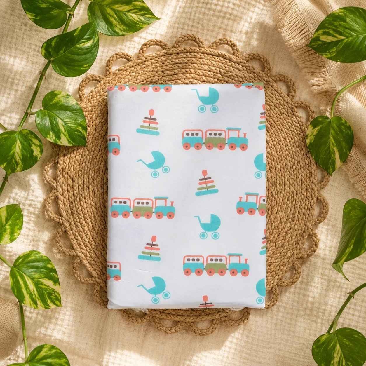 Small 100% Organic Cotton Baby Mattress Protector Sheet 60x80cm Blue Train -code:NBE