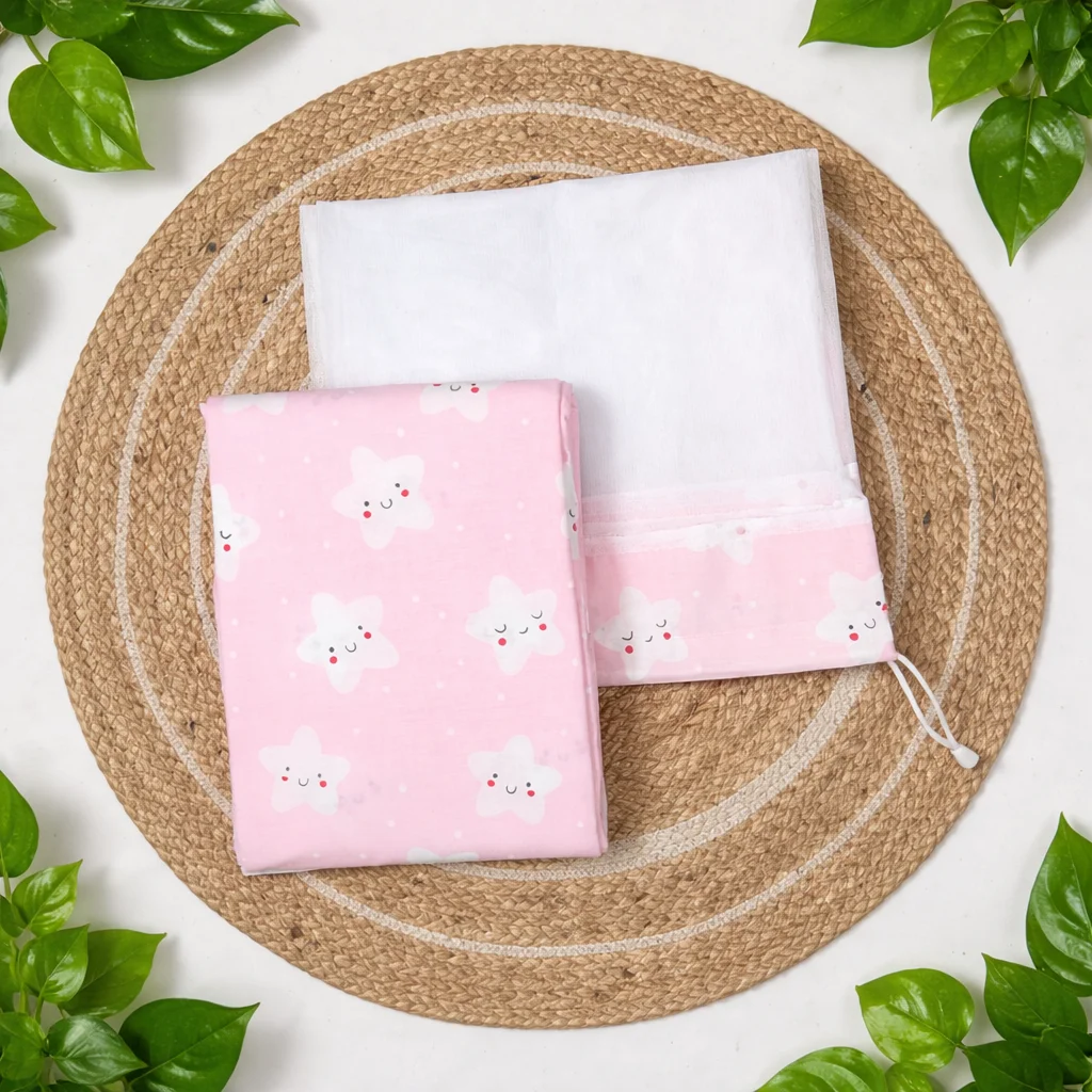 Premium Cotton 3 Meter Baby Cradle Cloth with Side Head Cover & Matching Mosquito Net-Pink Star code:NBE