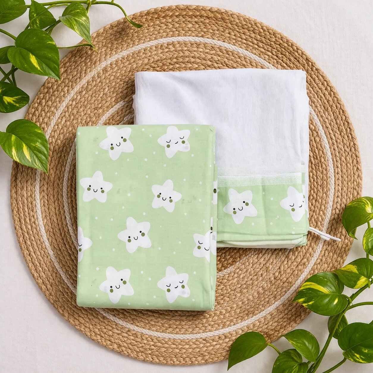 Premium Cotton 3 Meter Baby Cradle Cloth with Side Head Cover & Matching Mosquito Net-Green Star code:NBE