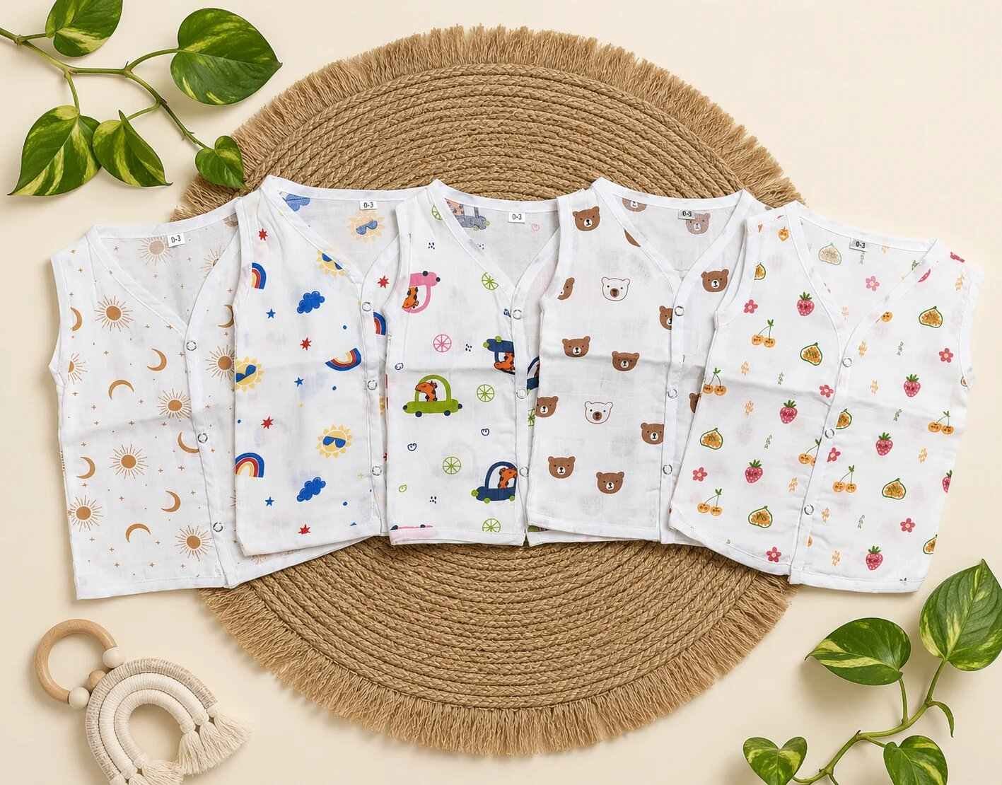 Muslin Button Jabla Combo Pack of 5 Pcs – Cute Assorted Prints (NB–18-24M)Code:NBE