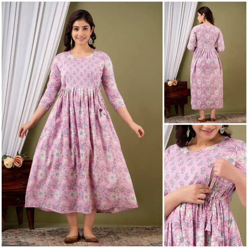 JAIPUR COTTON FEEDING FROCK/MAXI/ANARKALI KURTA/FEEDING TOP- BABY PINK FLORAL PRINT