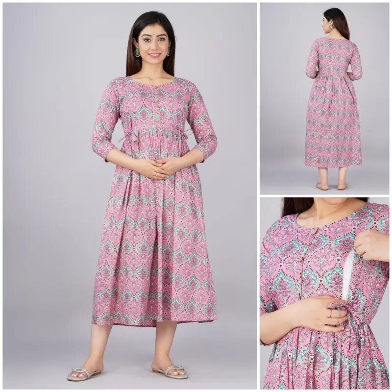 JAIPUR COTTON FEEDING FROCK/MAXI/ANARKALI KURTA/FEEDING TOP- PINK WITH BLUE FLORAL PRINT