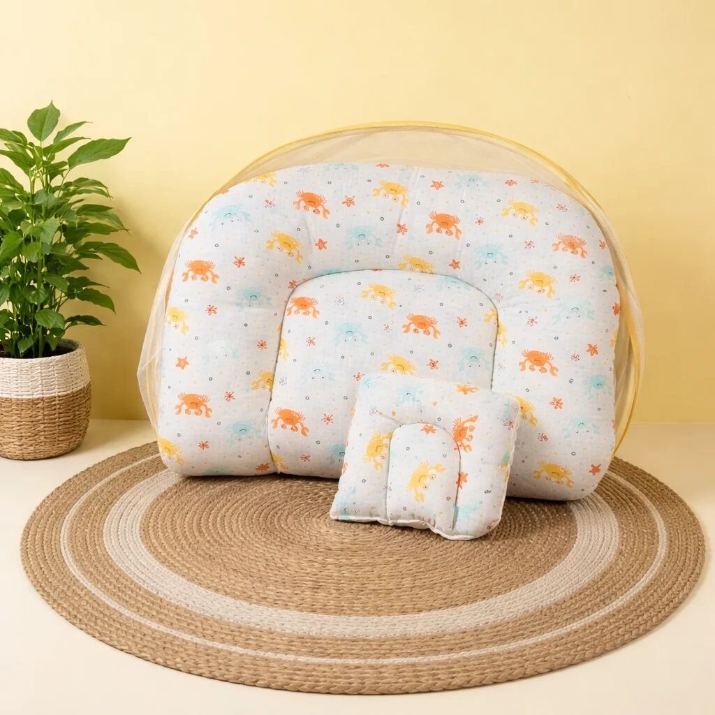 Large Muslin Net Bed for Babies | Soft Cotton Baby Bedding with Mosquito Net-SEA ANIMALS  Code:NBE