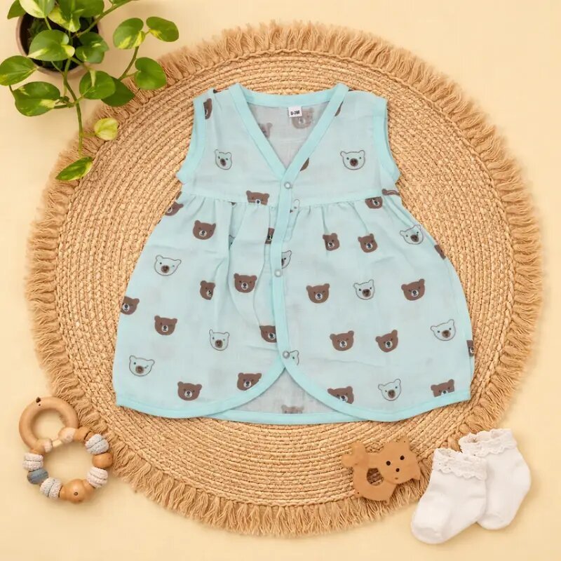 Soft Muslin Colour Printed Front Button Baby Frock (NB–9/12M) code:NBE