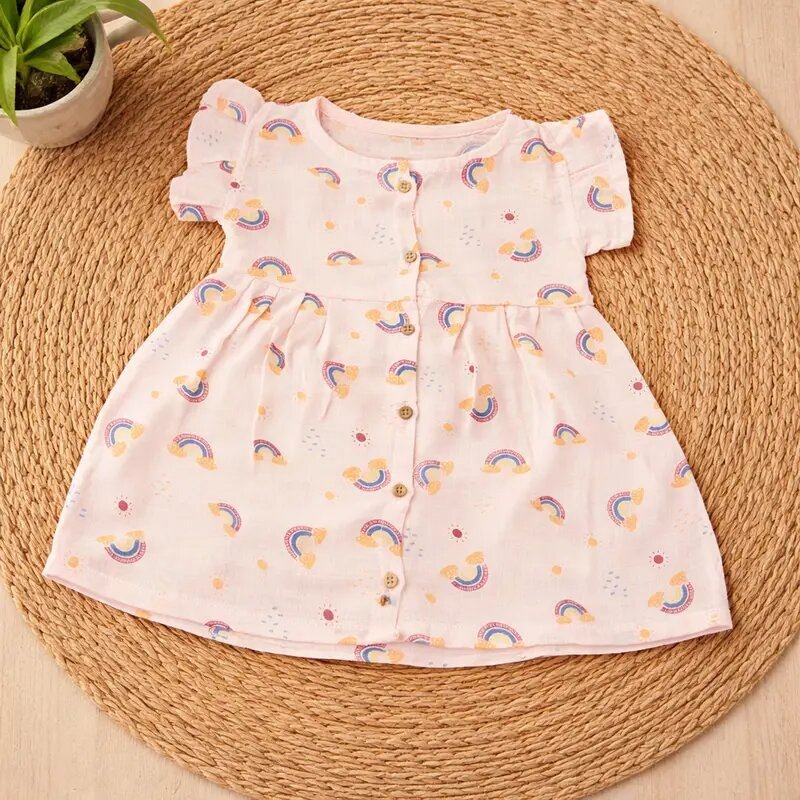 Muslin Baby Girl Front Button Frock with cute sleeves Summer Wear -Cute Assorted Print