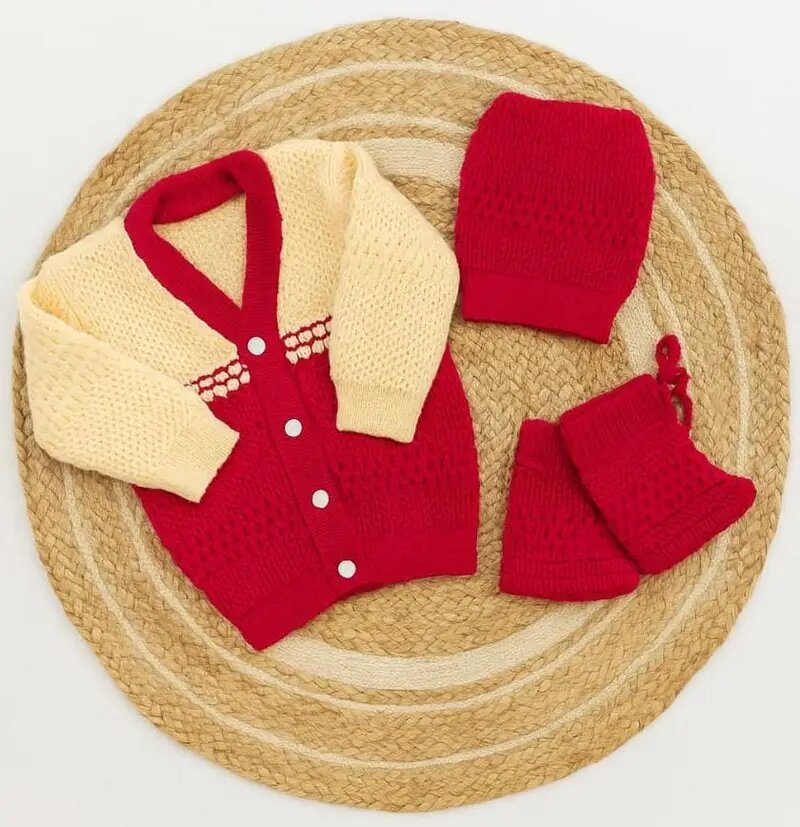 Newborn to 6 months Baby Unisex Woollen Knitted Sweater Set of 3 | Infant Winter Clothing- Cream Yellow with red code:NBE