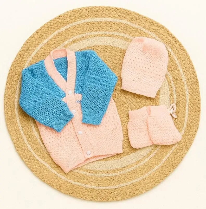 Newborn to 6 months Baby Unisex Woollen Knitted Sweater Set of 3 | Infant Winter Clothing-blue with pink code:NBE